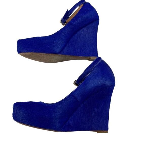 Ann Taylor Calf Hair Wedge Ankle Strap Shoe Cobalt Blue 6 - Picture 4 of 8